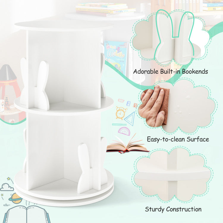 2 Tier Freestanding Kids Rotating Bookshelf Storage Rack with Bunny Baffles