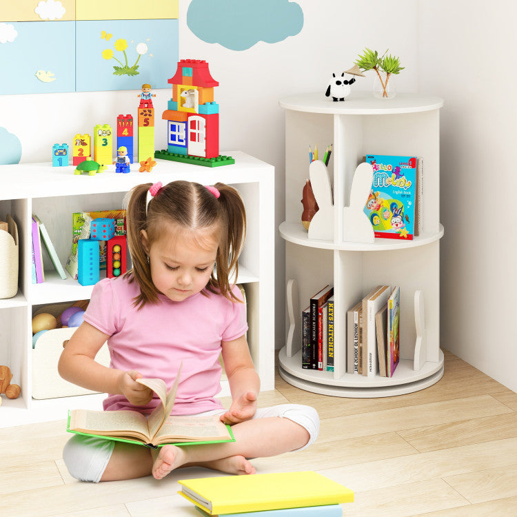 2 Tier Freestanding Kids Rotating Bookshelf Storage Rack with Bunny Baffles