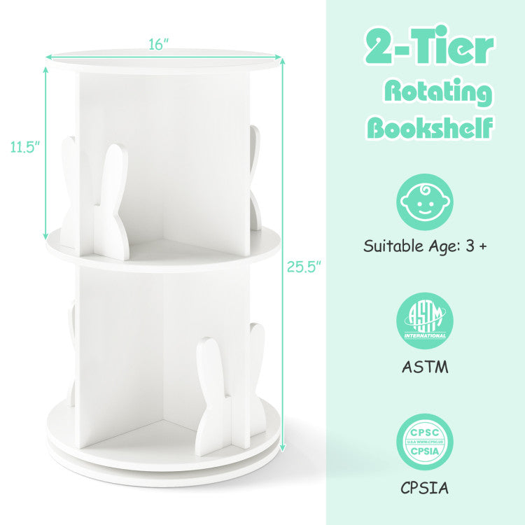 2 Tier Freestanding Kids Rotating Bookshelf Storage Rack with Bunny Baffles