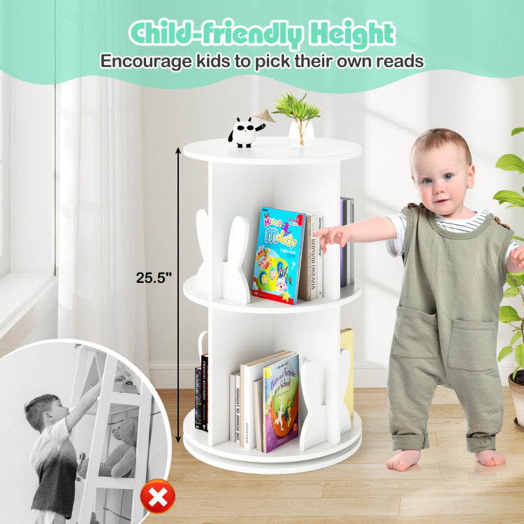 2 Tier Freestanding Kids Rotating Bookshelf Storage Rack with Bunny Baffles