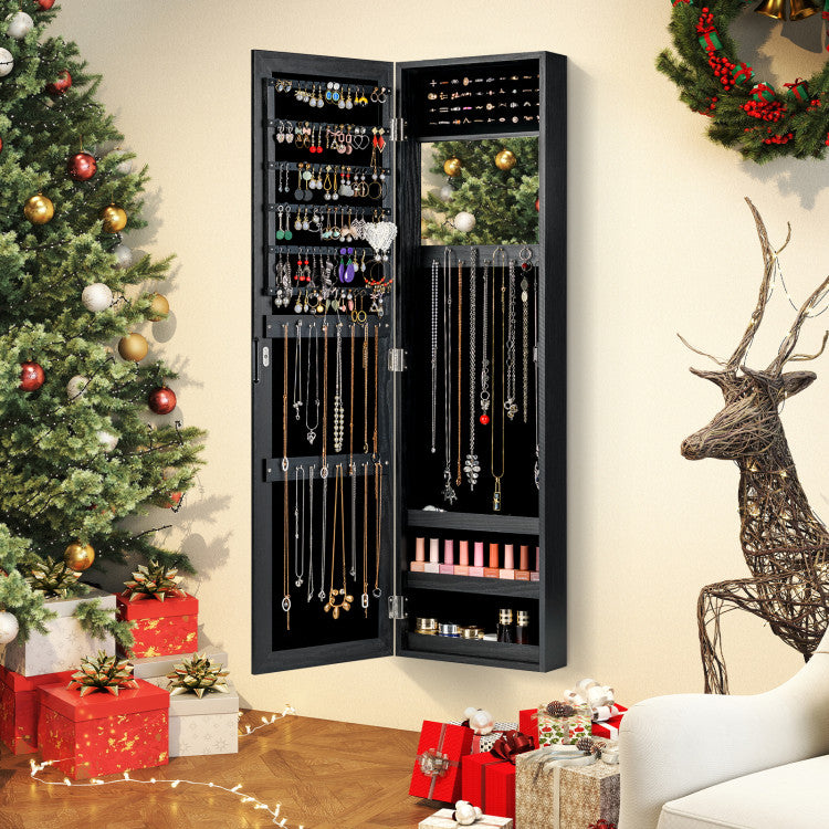 Wall or Door Mounted Jewelry Cabinet with Hooks & Storage Shelves