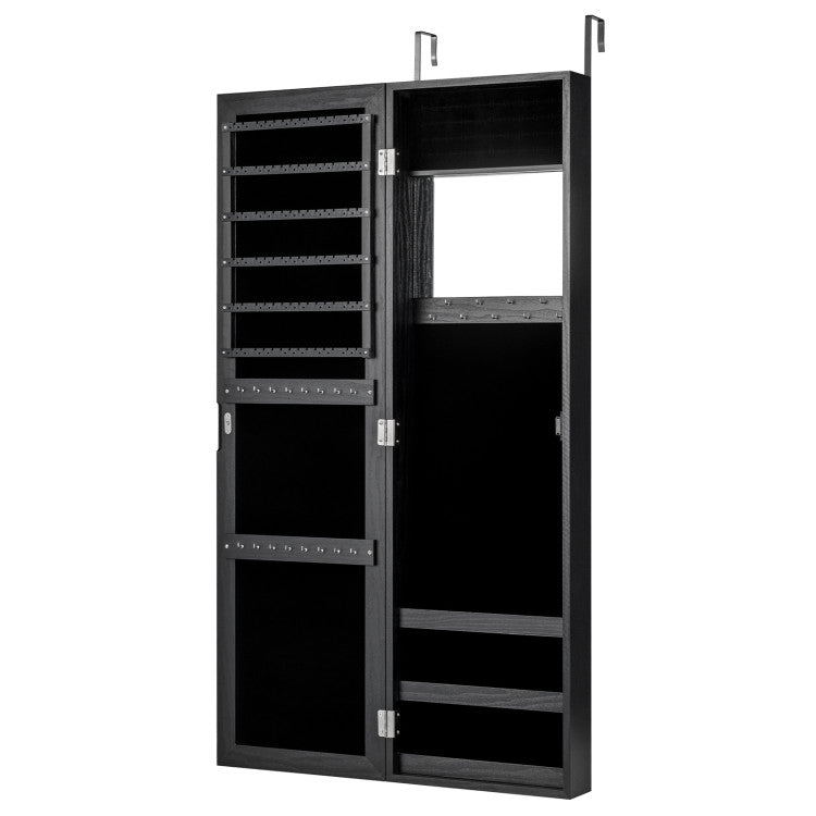 Wall or Door Mounted Jewelry Cabinet with Hooks & Storage Shelves