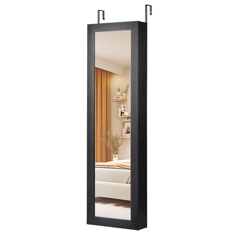 Wall or Door Mounted Jewelry Cabinet with Hooks & Storage Shelves