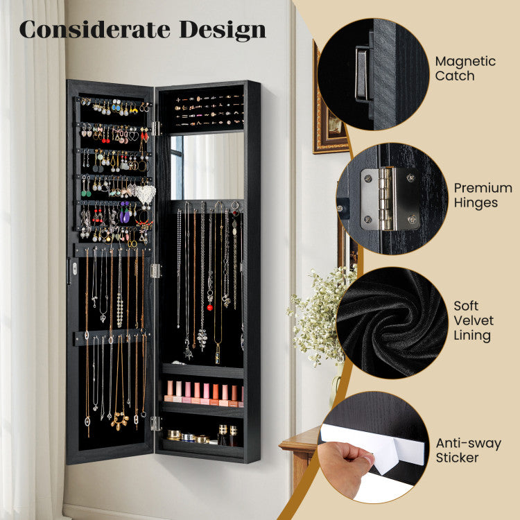 Wall or Door Mounted Jewelry Cabinet with Hooks & Storage Shelves