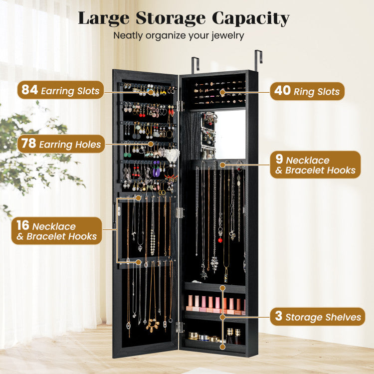 Wall or Door Mounted Jewelry Cabinet with Hooks & Storage Shelves