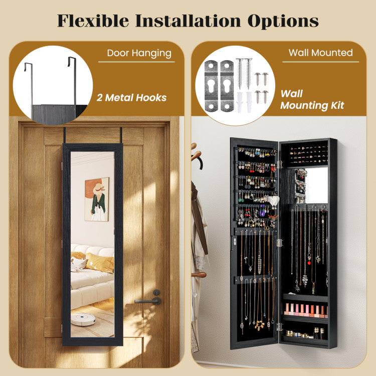 Wall or Door Mounted Jewelry Cabinet with Hooks & Storage Shelves