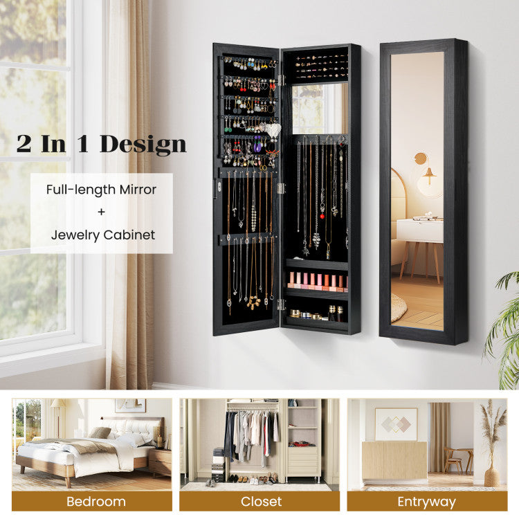 Wall or Door Mounted Jewelry Cabinet with Hooks & Storage Shelves