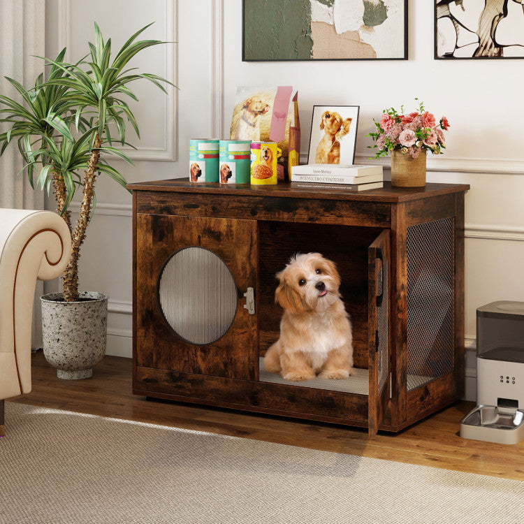 Furniture Style Dog Crate for Small and Medium Dogs with Translucent Window and Lockable Door