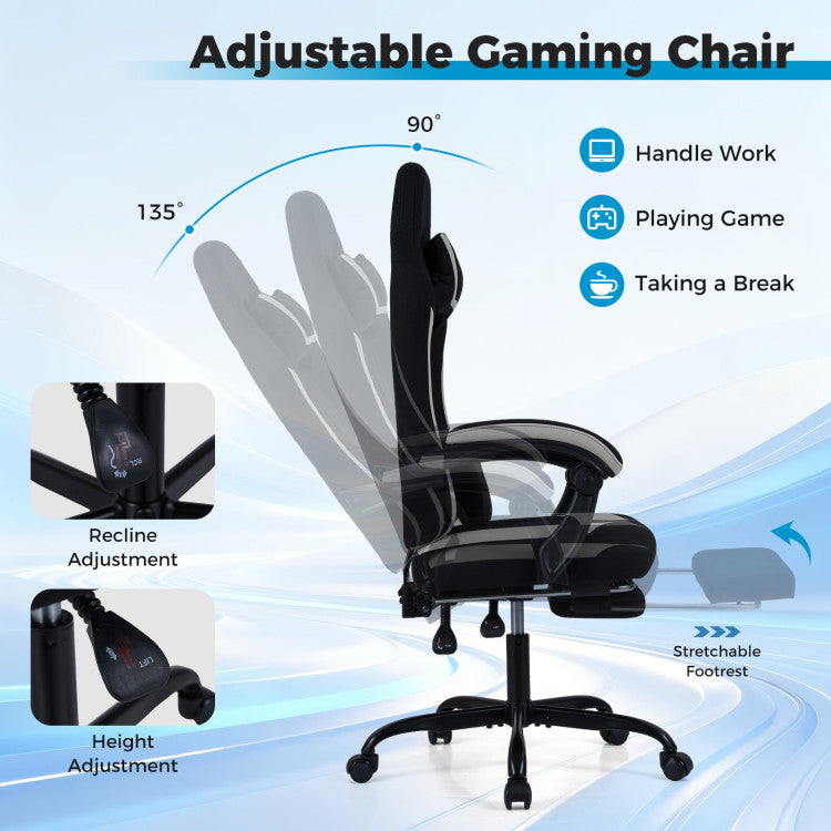 Gaming Chair Height Adjustable Computer Chair with Headrest Footrest & 360° Swivel Seat