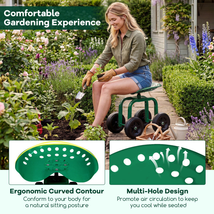 Garden Rolling Workseat with 360° Swivel Seat and Adjustable Height