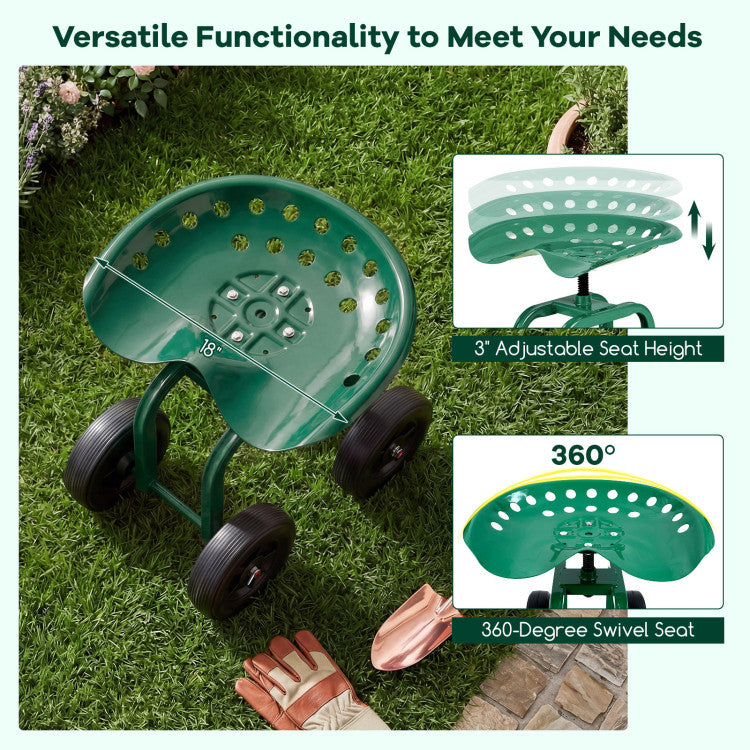 Garden Rolling Workseat with 360° Swivel Seat and Adjustable Height