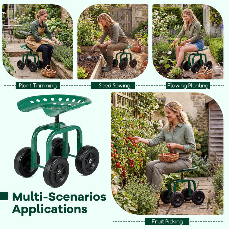 Garden Rolling Workseat with 360° Swivel Seat and Adjustable Height
