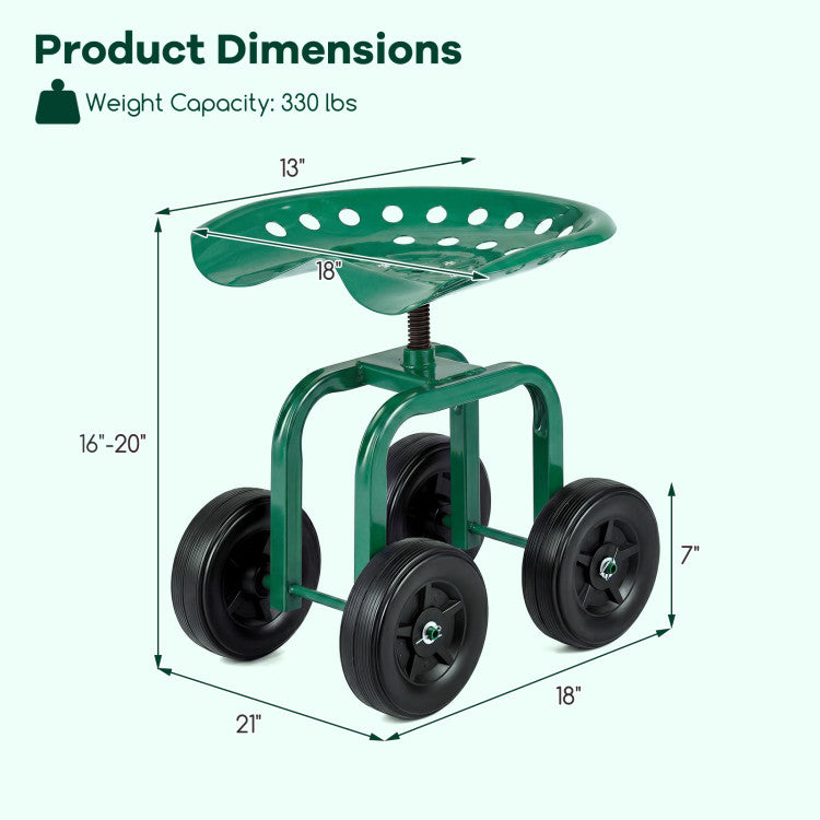 Garden Rolling Workseat with 360° Swivel Seat and Adjustable Height