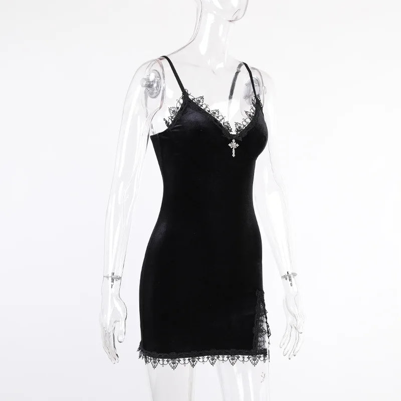 Luna Gothic Lace Velvet Mini Dress – Vintage Slit Party Slip