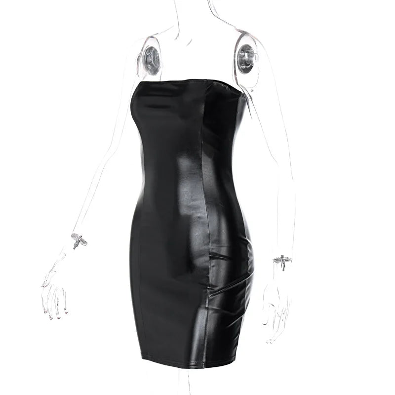 Women's Summer Sexy Strapless PU Leather Bodycon Mini Dress - Black Party Club Slim Fit Sundress