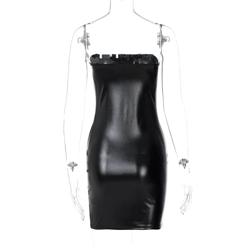 Women's Summer Sexy Strapless PU Leather Bodycon Mini Dress - Black Party Club Slim Fit Sundress