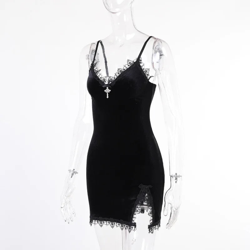 Luna Gothic Lace Velvet Mini Dress – Vintage Slit Party Slip