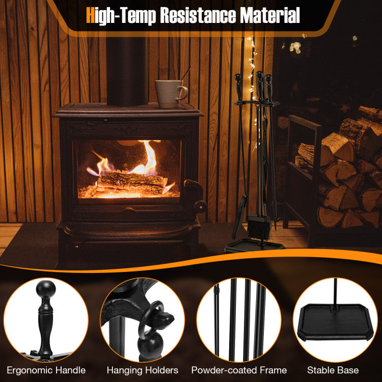 5-Piece Fireplace Tool Set with Tong Brush Shovel Poker Stand