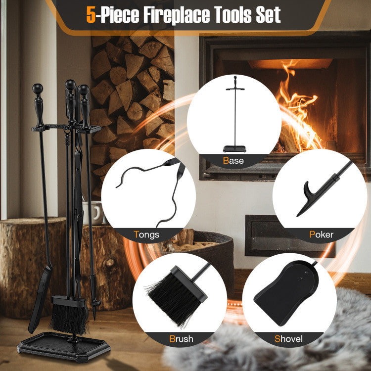 5-Piece Fireplace Tool Set with Tong Brush Shovel Poker Stand