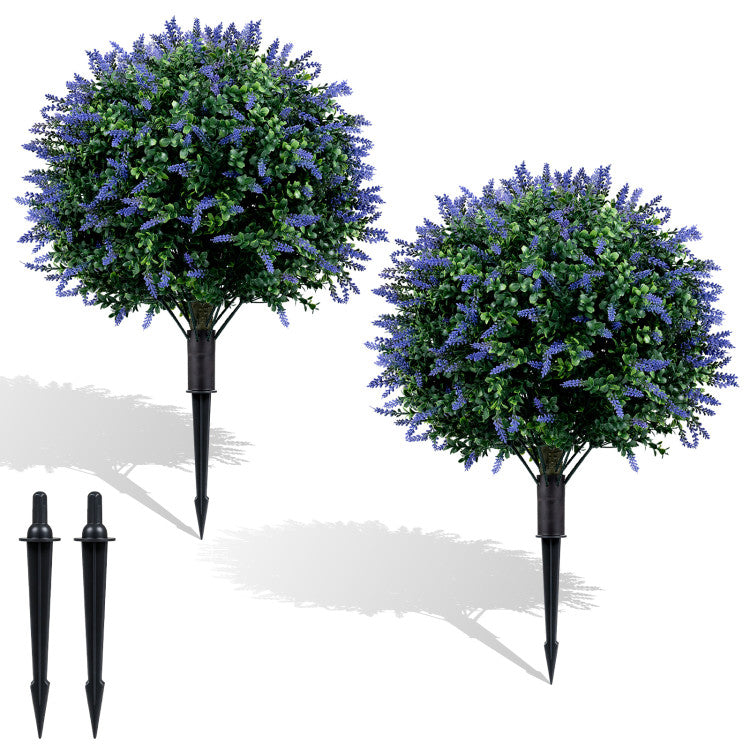 2 Pack Artificial Lavender Boxwood Topiary Ball Trees with Ground Spikes