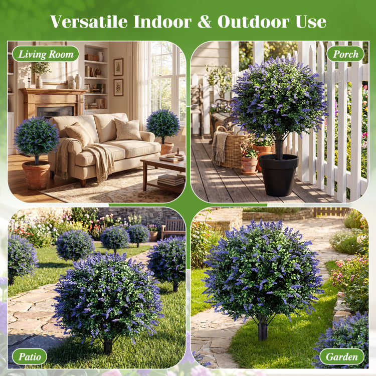 2 Pack Artificial Lavender Boxwood Topiary Ball Trees with Ground Spikes