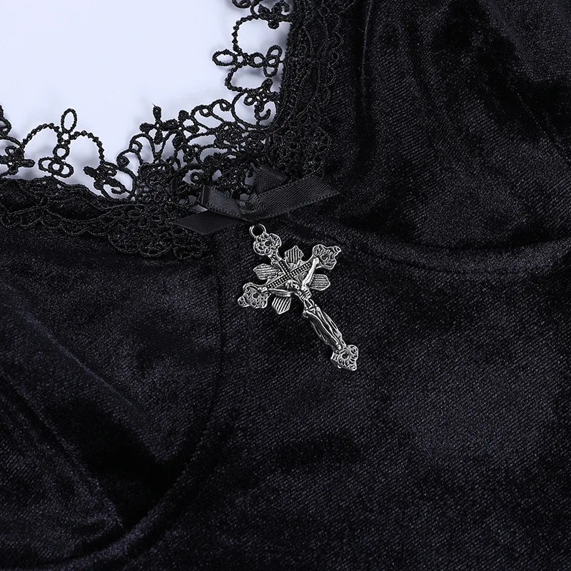 Luna Gothic Lace Velvet Mini Dress – Vintage Slit Party Slip