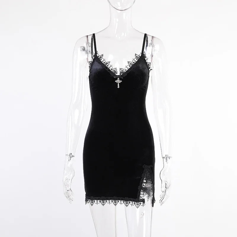 Luna Gothic Lace Velvet Mini Dress – Vintage Slit Party Slip