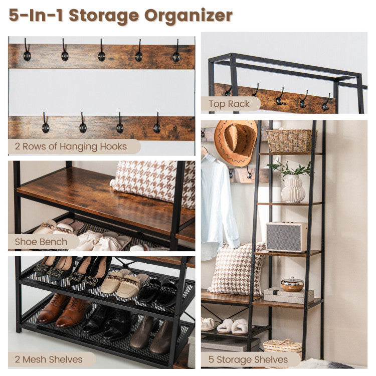 5-in-1 Entryway Hall Tree with Storage Bench with 9 Hooks