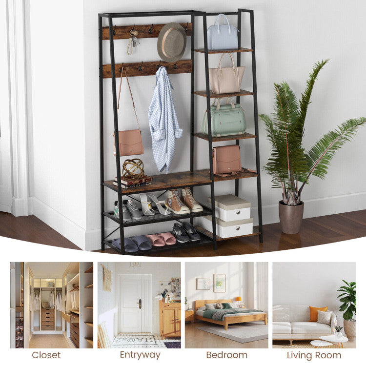 5-in-1 Entryway Hall Tree with Storage Bench with 9 Hooks