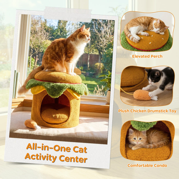 Hamburger Cat Nest with Chicken Drumstick Toy and Removable Cushion for Indoor Cats