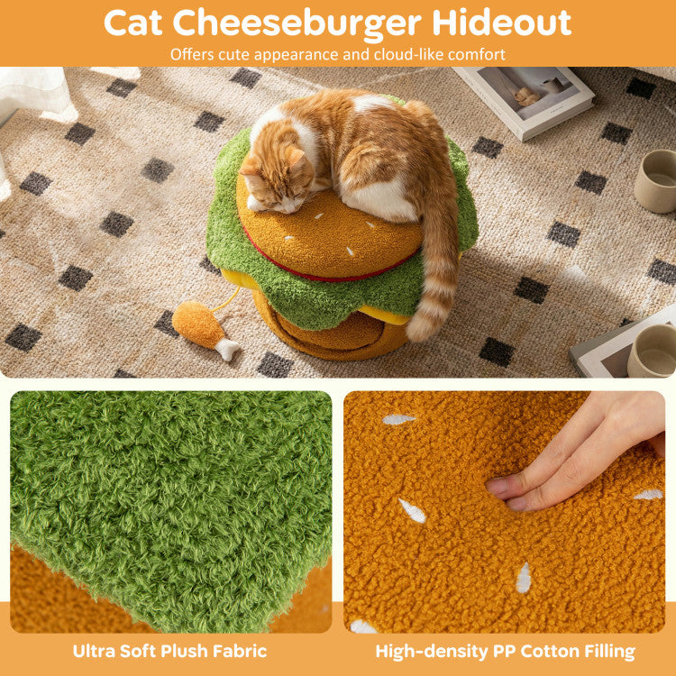 Hamburger Cat Nest with Chicken Drumstick Toy and Removable Cushion for Indoor Cats