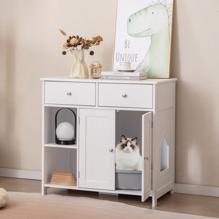 Hidden Cat Washroom Side Cabinet Wooden Pet House with 2 Drawers