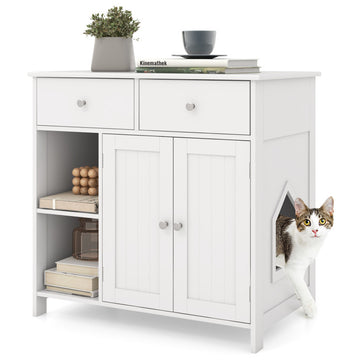 Hidden Cat Washroom Side Cabinet Wooden Pet House with 2 Drawers