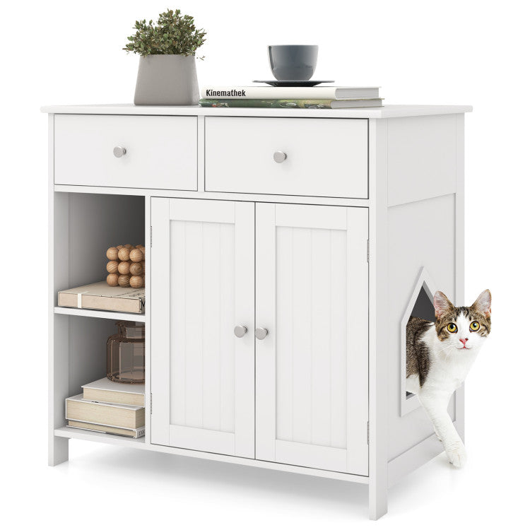 Hidden Cat Washroom Side Cabinet Wooden Pet House with 2 Drawers