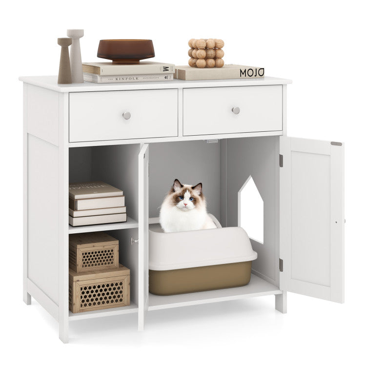 Hidden Cat Washroom Side Cabinet Wooden Pet House with 2 Drawers