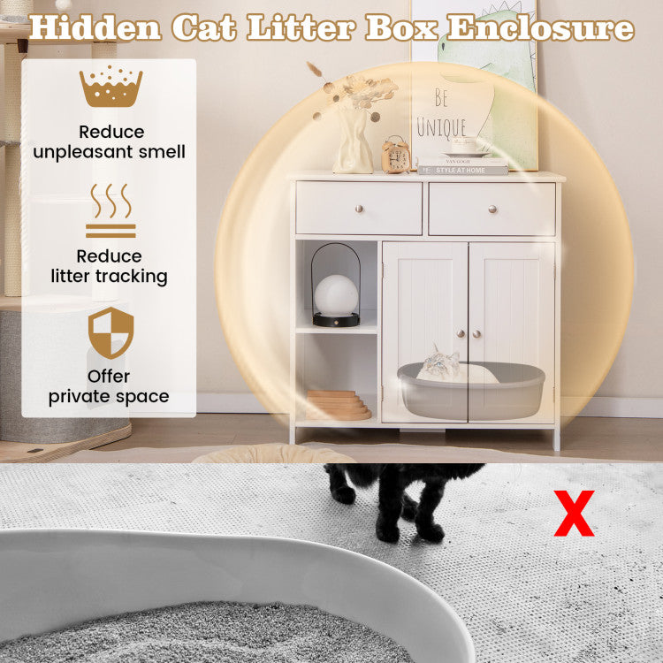 Hidden Cat Washroom Side Cabinet Wooden Pet House with 2 Drawers