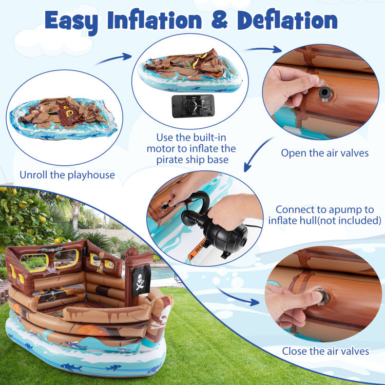 Inflatable Pirate Ship Playhouse with Built-in Motor and Inflatable Toy Sword