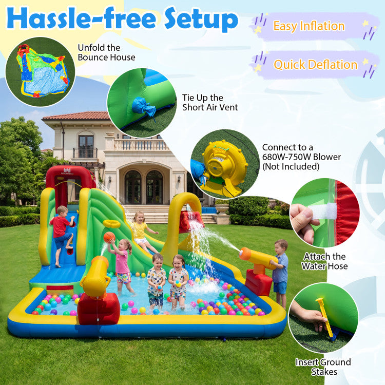 6-in-1 Outdoor Water Park with Downpour Splash Pool and Dual Water Cannons without Blower