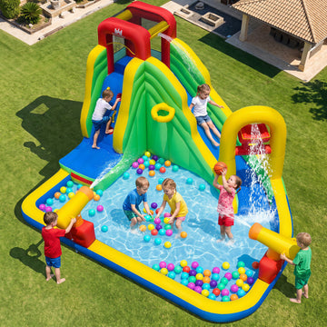 6-in-1 Outdoor Water Park with Downpour Splash Pool and Dual Water Cannons without Blower