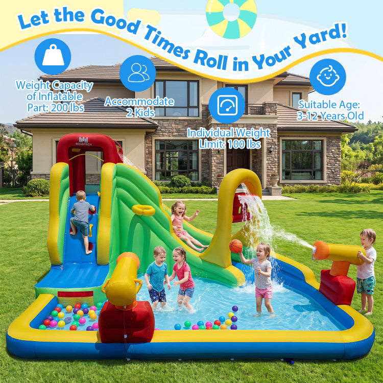6-in-1 Outdoor Water Park with Downpour Splash Pool and Dual Water Cannons without Blower