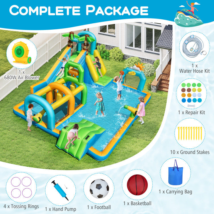 Inflatable Water Slide Tropical Theme Dual Slide Aqua Park with 680W Blower