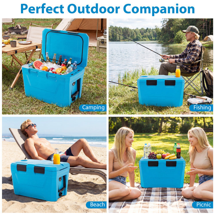 Insulated Portable Cooler Hard Shell Ice Chest with 2 Cup Holders Bottle Opener and Drain Plug