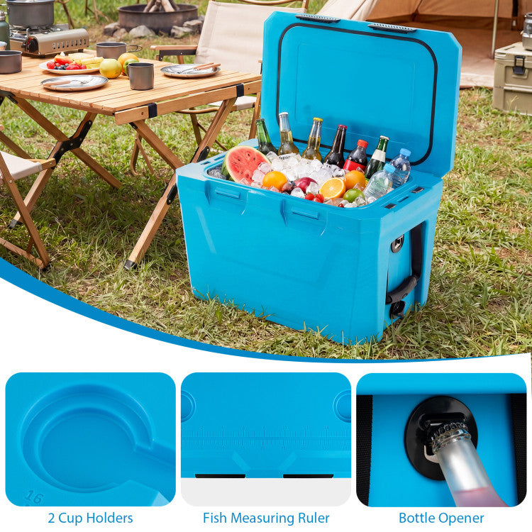 Insulated Portable Cooler Hard Shell Ice Chest with 2 Cup Holders Bottle Opener and Drain Plug