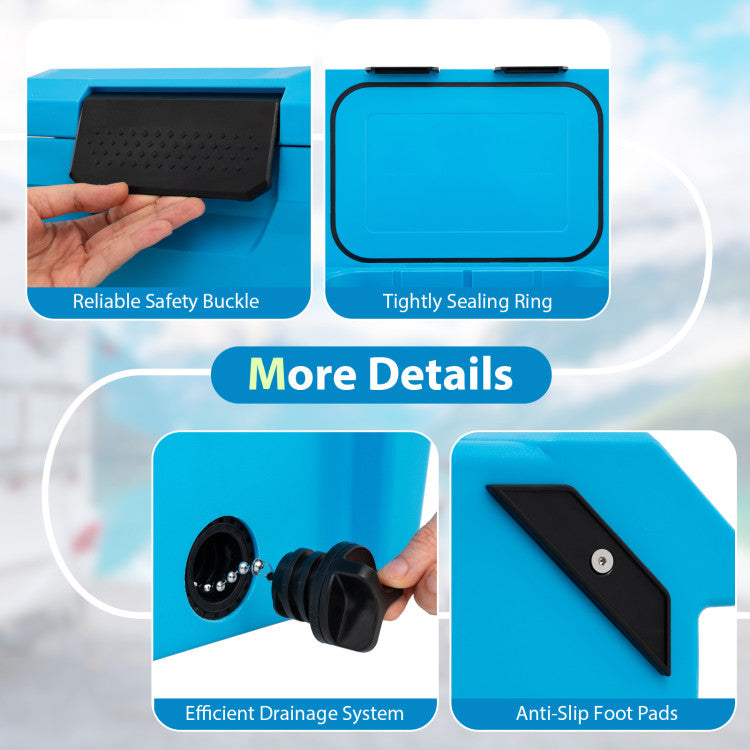 Insulated Portable Cooler Hard Shell Ice Chest with 2 Cup Holders Bottle Opener and Drain Plug