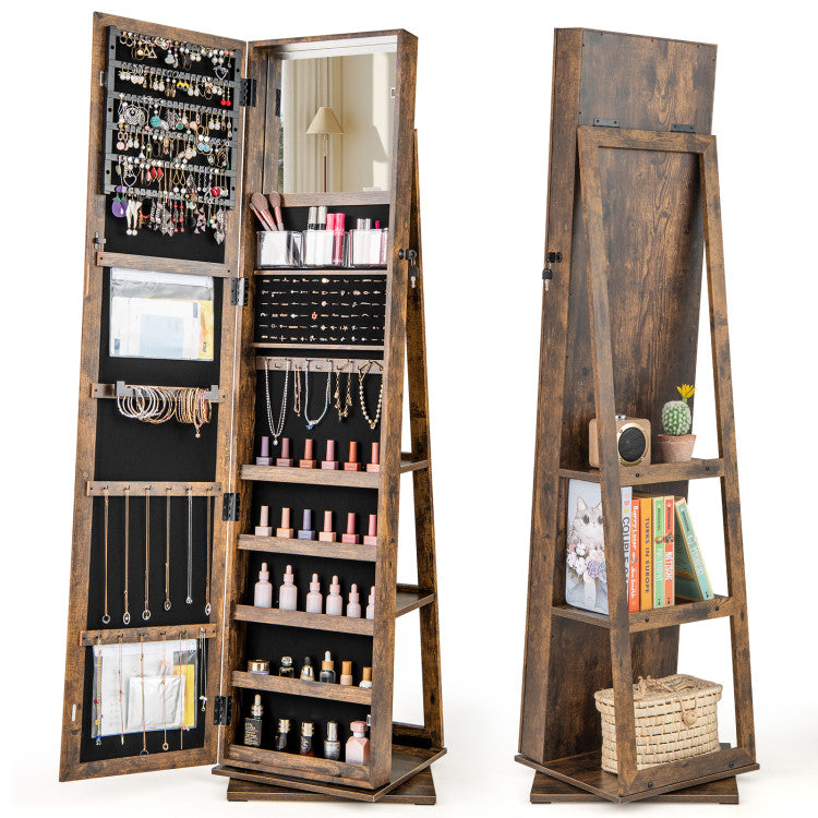 360° Swivel Jewelry Armoire Standing Jewelry Organizer with Full Length Mirror and Back Shelves