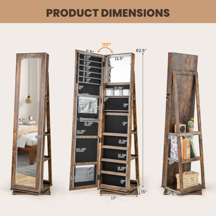 360° Swivel Jewelry Armoire Standing Jewelry Organizer with Full Length Mirror and Back Shelves