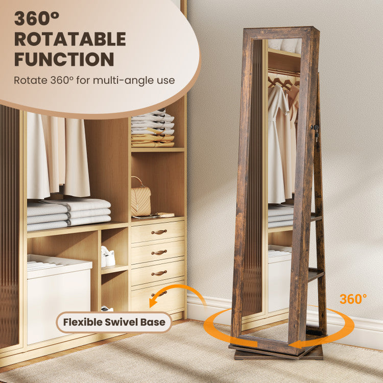 360° Swivel Jewelry Armoire Standing Jewelry Organizer with Full Length Mirror and Back Shelves