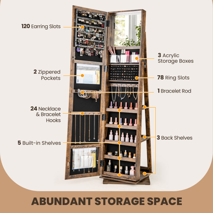 360° Swivel Jewelry Armoire Standing Jewelry Organizer with Full Length Mirror and Back Shelves