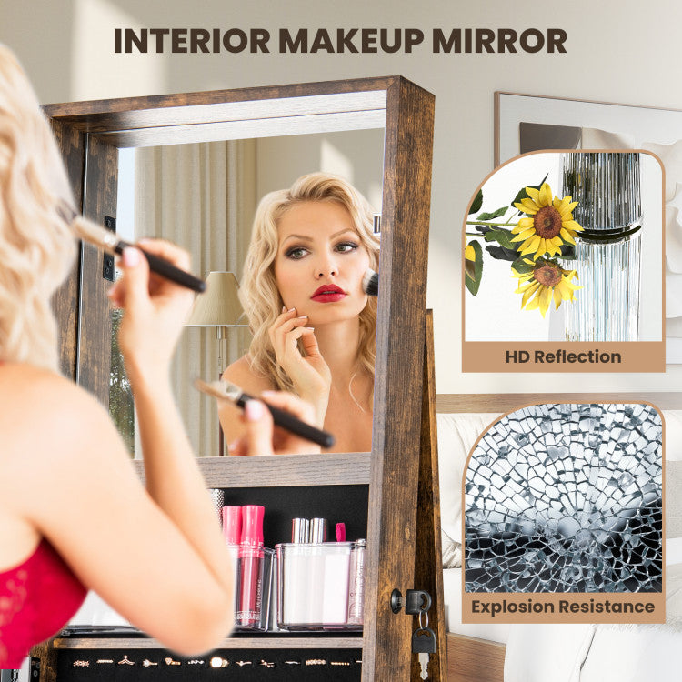 360° Swivel Jewelry Armoire Standing Jewelry Organizer with Full Length Mirror and Back Shelves