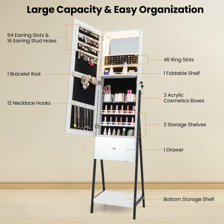 Lockable Freestanding Jewelry Organizer with Full-Length Frameless Mirror